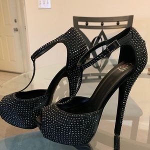 Black rhinestone T-strap heels